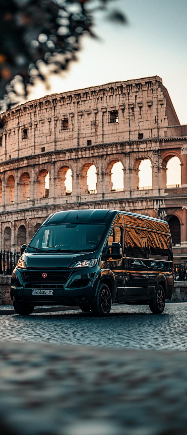 Un mezzo NCC con alle spalle il Colosseo