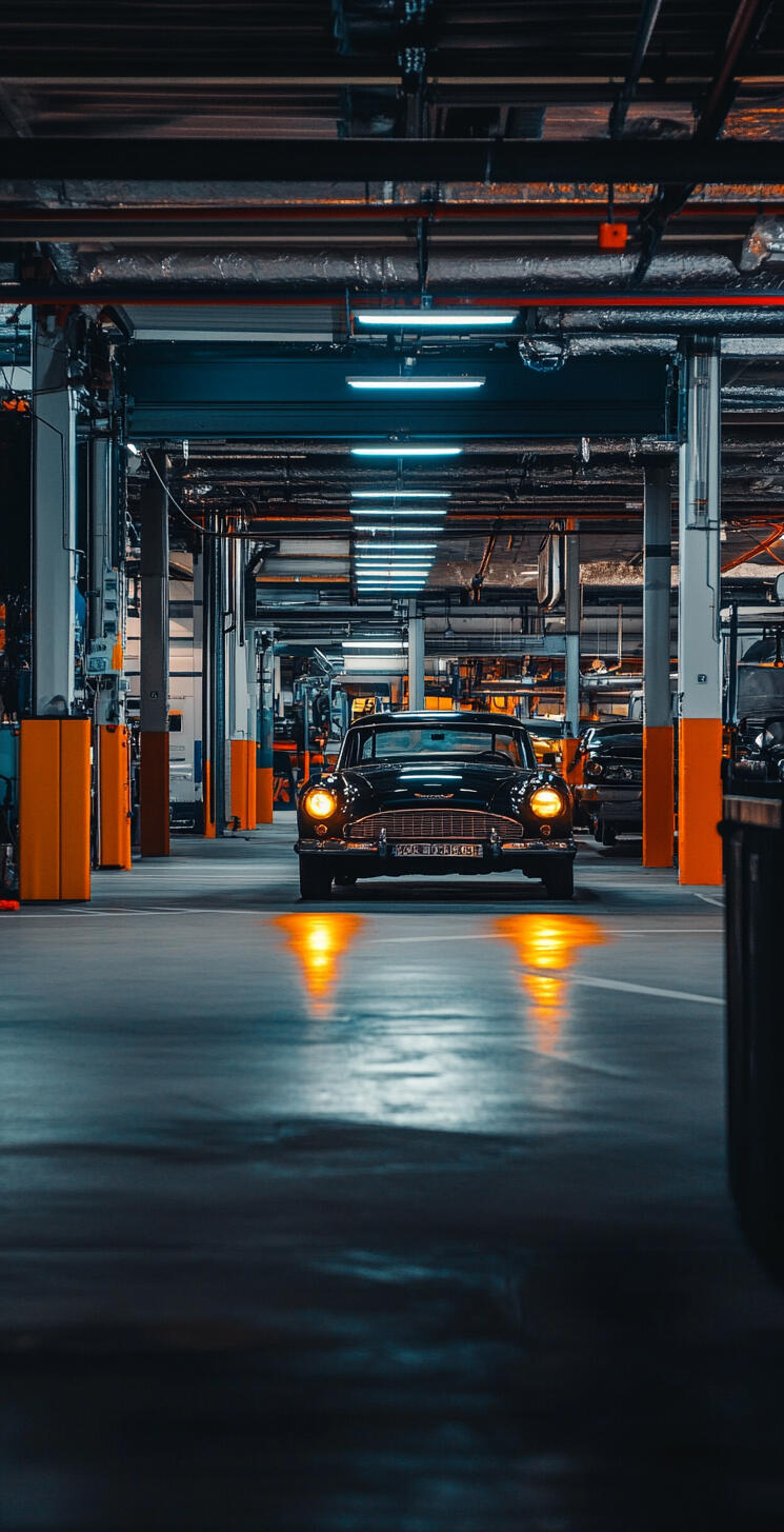 Un'auto d'epoca, di colore nero, con i fari accesi all'interno di un ampio parcheggio